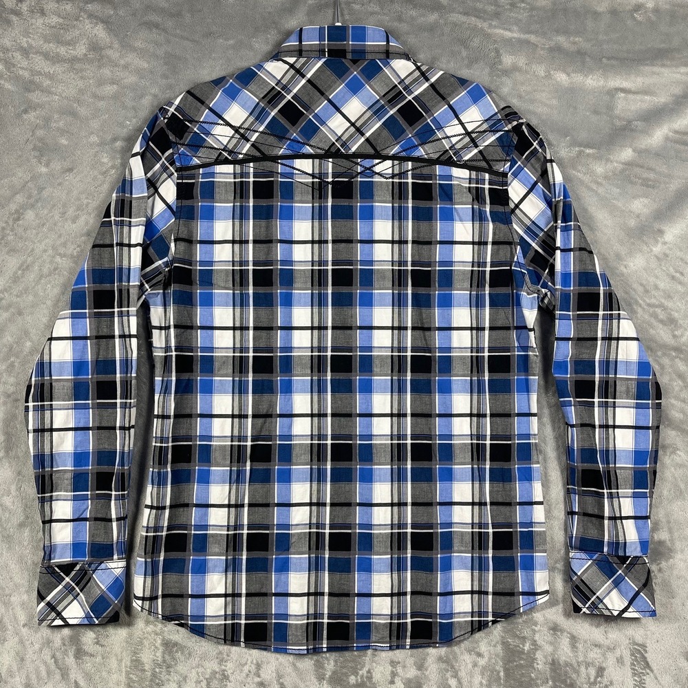 Buckle Black Athletic Fit Blue Plaid Western Snap Button‎ Down Shirt Mens Large - Picture 8 of 9